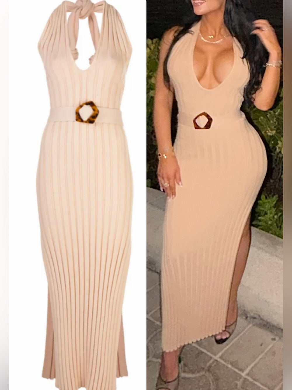 NICHOLAS Ribbed Plunge-Halter Maxi Dress with Belt - XS